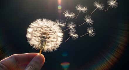 Fototapeta premium Hand holding a dandelion seed head in the breeze. Wishing and the passage of time. Person releasing fluffy seeds into the air against a dark sunny background.