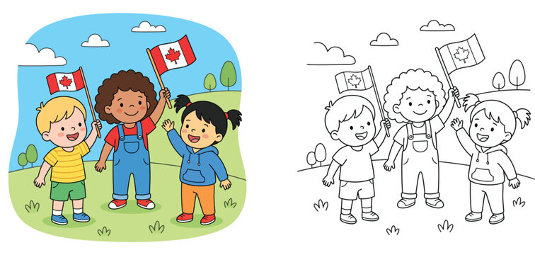 Diverse Group of Children Holding Canadian Flags in the Park Illustration and Coloring Page Line Art for Kids Educational Activity and Canada Day Celebration Vector Design (182 characters)