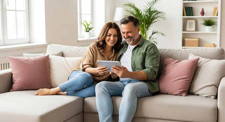 Obraz premium Happy couple sitting on a sofa and looking at a digital tablet together.