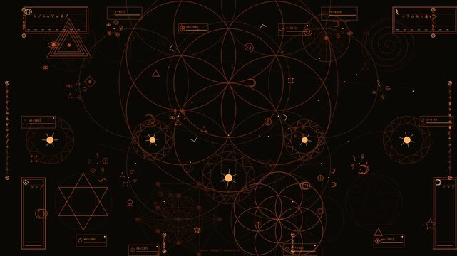 This animation features a complex amber colored head up display inspired by sacred geometry and alchemical symbols. The screen is filled with intricate circles, triangles, and pentagrams that pulse an