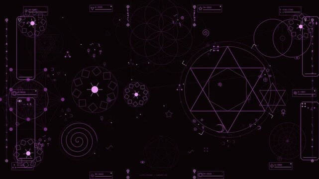 A dark, atmospheric display featuring intricate purple neon geometric patterns and mystical symbols. The interface includes hexagrams, pentagrams, and sacred geometry icons integrated with technical d