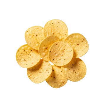 A cluster of round corn tortilla chips isolated on transparent background