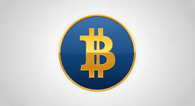 Bitcoin cryptocurrency logo on blue circle with golden border design