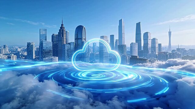 Cloud technology over city skyline