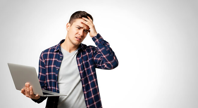 Stressed man holding laptop computer touching forehead in frustration on white backdrop.