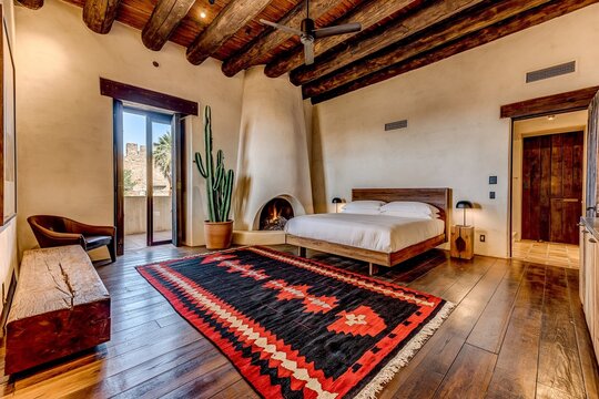 Bedroom showcases authentic southwestern style with a traditional kiva fireplace, a vibrant woven rug, wooden ceiling vigas, and a large potted cactus creating a serene desert inspired atmosphere.
