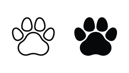 Animal paw print icon with rounded pads in clean outline and solid black filled style for pet branding