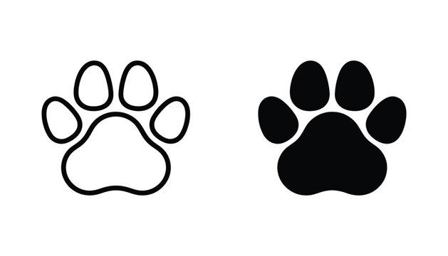 Animal paw print icon with rounded pads in clean outline and solid black filled style for pet branding