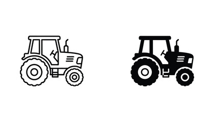 Farm tractor icon set in side profile view with clean outline and solid black silhouette for agricultural branding © Sonali