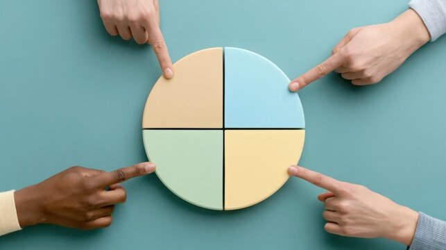 Diverse hands pointing at a colorful pie chart on a blue surface, representing teamwork, collaboration, presentation, and data sharing in a professional setting