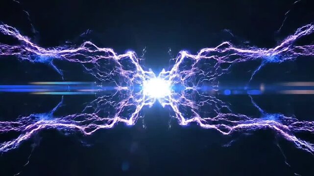 Electricity pulses through a dark space with vibrant blue and purple lightning