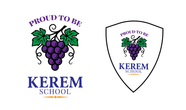kerem school logo, grapes, grapevine, fruit, school, education, emblem, crest, shield, academy, learning, institution, bunch of grapes, leaves, foliage, vineyard, purple, green, branding, identity, ac