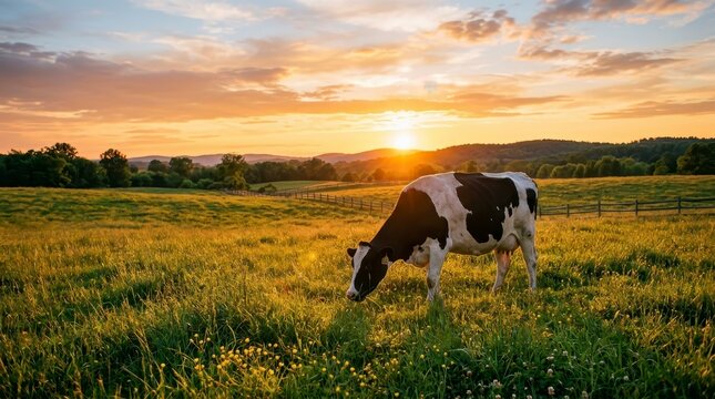 A lone cow grazes peacefully in a sun-drenched meadow at sunset.