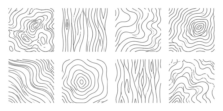 Natural wood grain texture set with organic linear patterns and hand drawn timber rings for rustic design projects.
