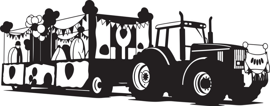 Black tractor, food truck, festival vehicle, party wagon, vector illustration