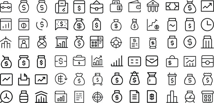 A collection of simple, flat icons, suitable for infographics, web design, or presentations, conveying concepts related to finance, economy, and business