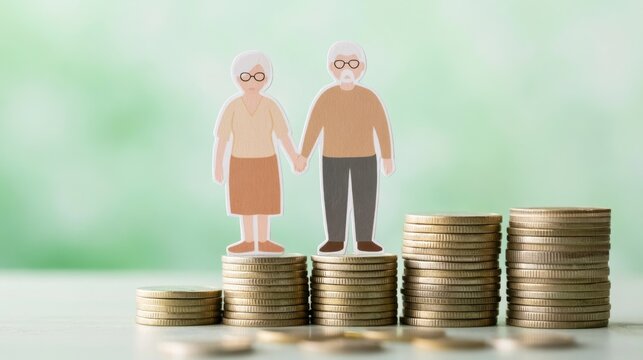 Elderly Senior Couple Holding Hands on miniature Figures Standing on Stacked Coins with Growing Wealth or Savings Concept, Financial Security and Retirement Planning