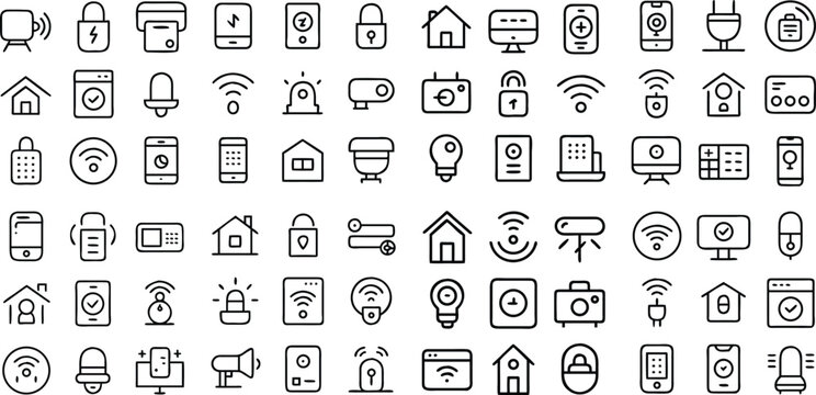 A comprehensive collection of streamlined icons represents the core elements of the digital and interconnected home. These symbols are arranged in a neat pattern.