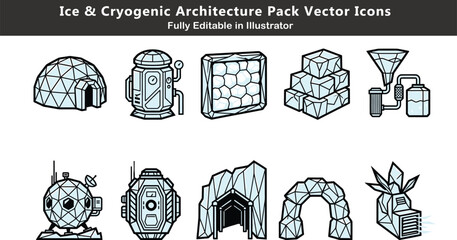 Cryogenic architecture vector icons set, ice dome shelters, frozen storage systems, arctic modules, glacier tunnels, thermal insulation design minimal CAD © ArtFlex