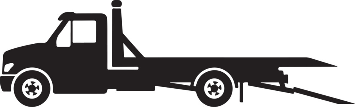 Tow truck, flatbed truck, vehicle silhouette, black icon, transportation