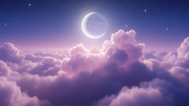 crescent moon over pink clouds at night, starry sky, dreamy celestial scene