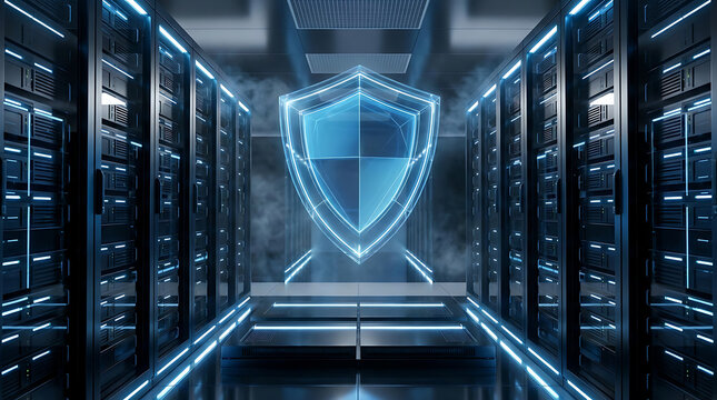 Futuristic server room with a glowing shield of protection.