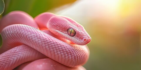 Fototapeta premium Bright pink snake coiled with delicate scales, its head turned, showing striking yellow eyes, bathed in warm sunlight against a soft blurred green background.