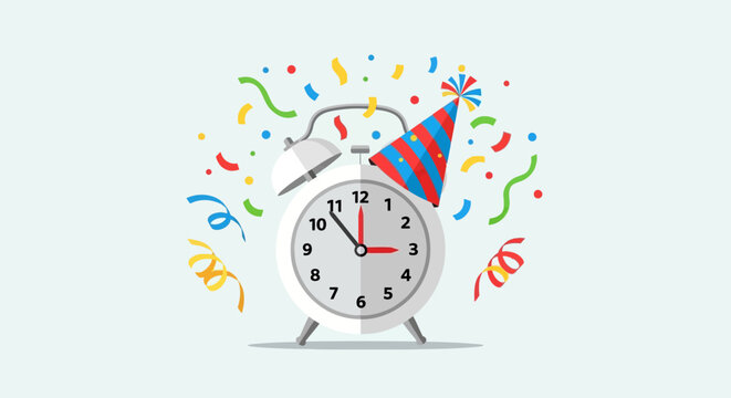 A colorful illustration of a clock striking midnight with a party hat and confetti flying around it.