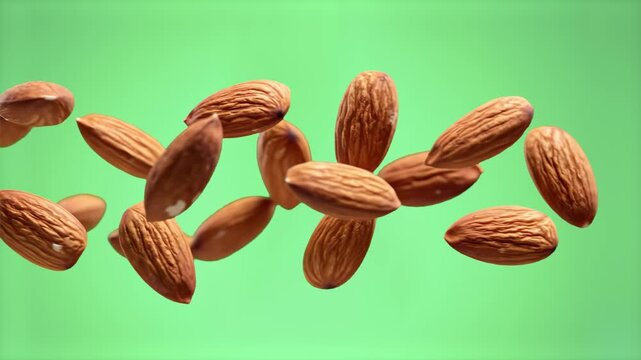 A high-quality animation of several whole almond nuts falling through the air. Isolated on a chroma key green screen, this asset is perfect for healthy snack advertisements, recipe videos, and food in