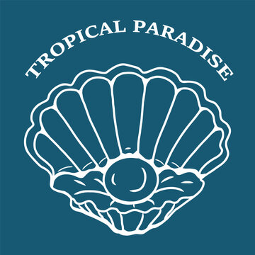 Hand drawn sea shell with pearl and Tropical Paradise lettering design vector  illustration on white background., perfect for summer design.