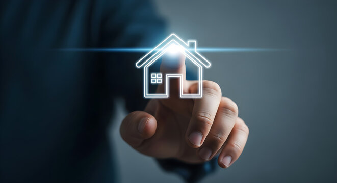 Man holding a glowing house icon on his finger tip in darkness