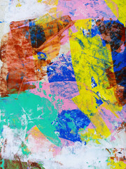 Naklejka premium Colorful abstract painting features a dynamic explosion of layered acrylics, showcasing bold, textured brushstrokes and energetic movements