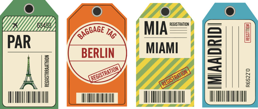 International baggage tags, Paris Berlin Miami Madrid, travel ticket labels, colorful luggage designs, tourism branding artwork, flat vector illustration