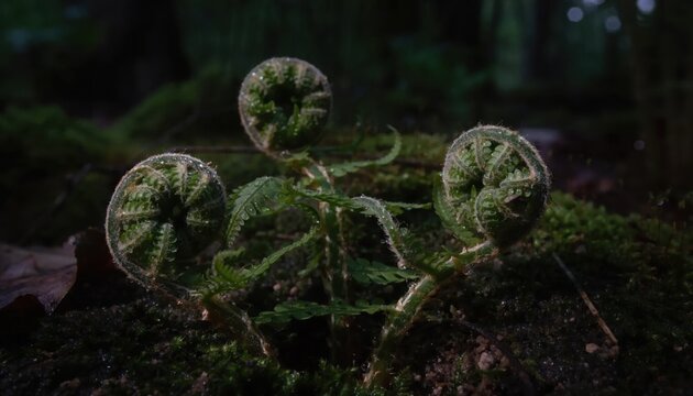 Close-up macro of three green fern fiddleheads emerging from a mossy forest floor with morning dew droplets on the curled fronds and hairy stems in dark moody lighting.