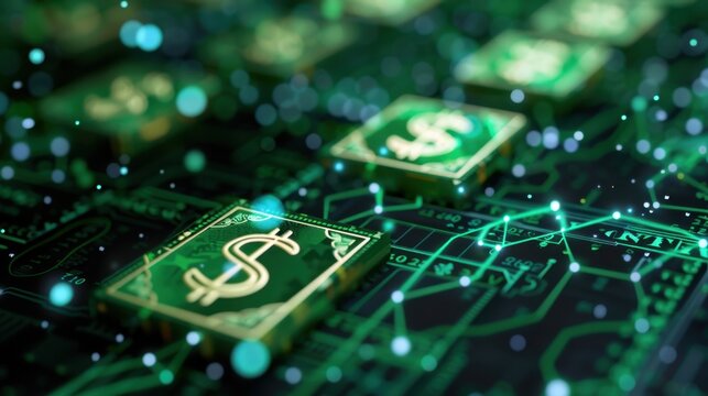 Vibrant Digital Currency Concept with Dollar Signs on Circuit Board and Futuristic Glowing Elements