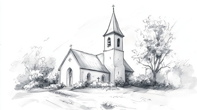 A detailed graphite pencil sketch of a historic stone church featuring a tall pointed bell tower