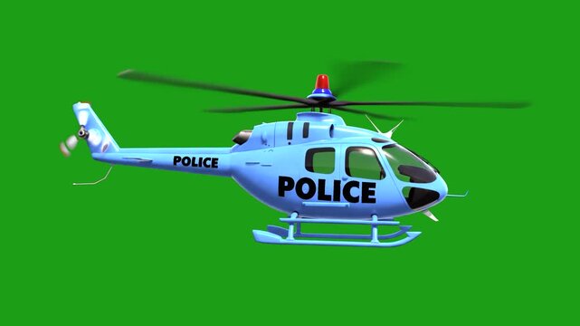 A 3D animation of a blue law enforcement or rescue helicopter with flashing emergency lights and spinning rotors. Isolated on green screen for integration into city scenes or emergency service simulat