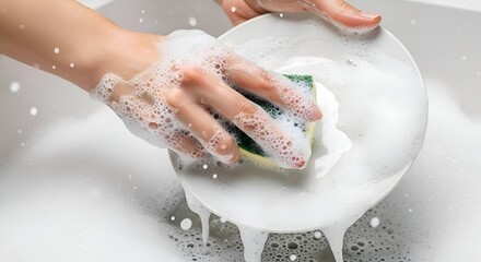 Fototapeta premium Close-up of hands washing a white plate with soapy water and a sponge in a sink.