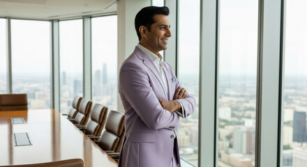 Fototapeta premium A confident businessman stands in a modern overlooking the city skyline, symbolizing leadership, vision, and corporate success.