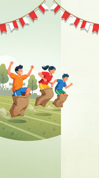 Energetic flat vector illustration of people participating in a traditional sack race (Lomba Balap Karung) for Indonesia's Independence Day celebration.