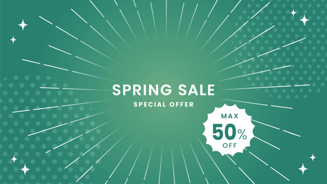 Spring Sale Green Background with Radial Burst and Fresh Design グリーンの放射線スプリングセール爽やか背景