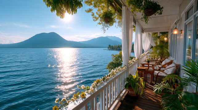 Serene Lakeside Retreat: Tranquil Balcony View with Lush Greenery and Mountain Backdrop