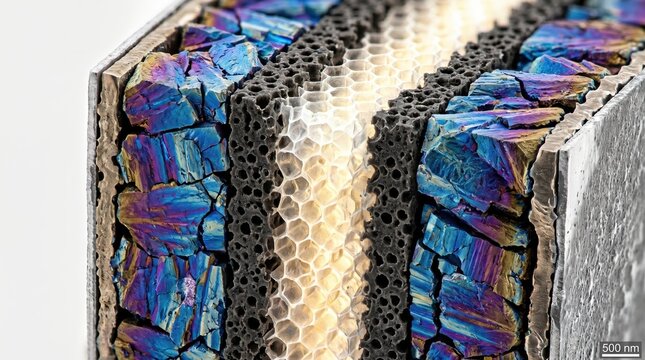 Macro Cross Section of Advanced Solid State Battery Material with Iridescent Crystalline Layers
