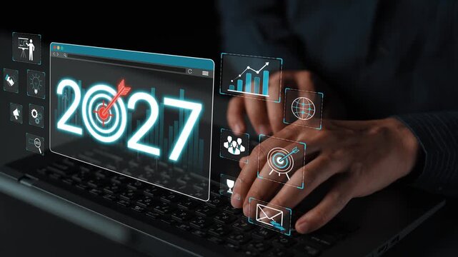 Futuristic Business Concept with Digital Interface Representing Goals and Growth Strategies for the Year 2027 Sigmoid