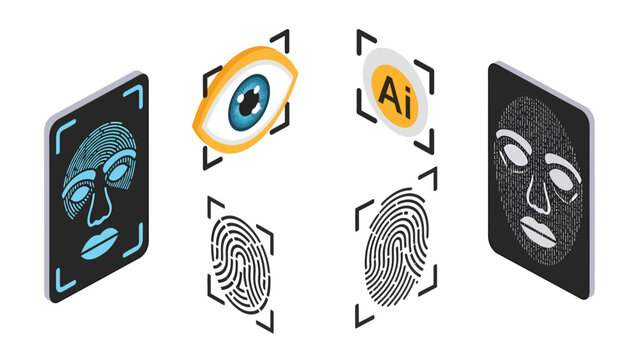 AI Biometric Identification Concept. Digital security with facial recognition, fingerprint, and iris scan technology for access control.