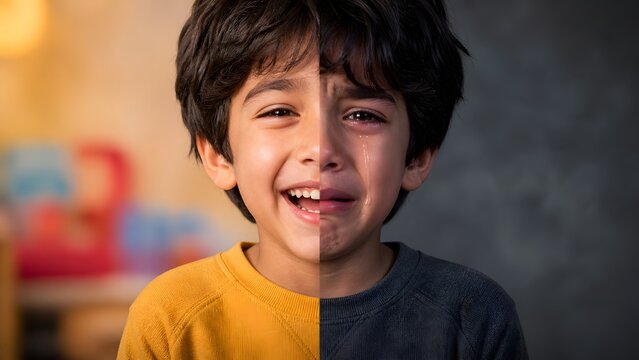 A split portrait shows a boy laughing on one side and crying on the other. Useful for childhood emotions, counseling, wellbeing, and awareness campaigns.