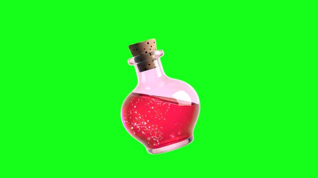 A professional 3D animation of a glass flask containing a vibrant red liquid with a cork stopper. Isolated on a solid black background, this health or healing elixir is perfect for fantasy games, RPG 