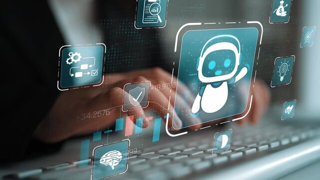 Futuristic Technology Concept with Hands Typing on a Keyboard Surrounded by Digital Icons Representing Artificial Intelligence and Automation Sigmoid