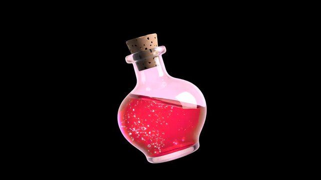 A professional 3D animation of a glass flask containing a vibrant red liquid with a cork stopper. Isolated on a solid black background, this health or healing elixir is perfect for fantasy games, RPG 
