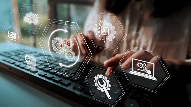 Hands Typing on Keyboard with Digital Icons Representing Technology, Innovation, and Artificial Intelligence Concepts in a Modern Workspace Sigmoid